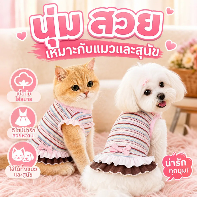 ชุดฤดูร้อนลายทาง สำหรับแมวและสุนัขตัวเล็ก ชุดเดรสกระโปรงน่ารัก ผ้านุ่มใส่สบาย ระบายอากาศดี เย็นสบาย มีไซซ์ S/M/L