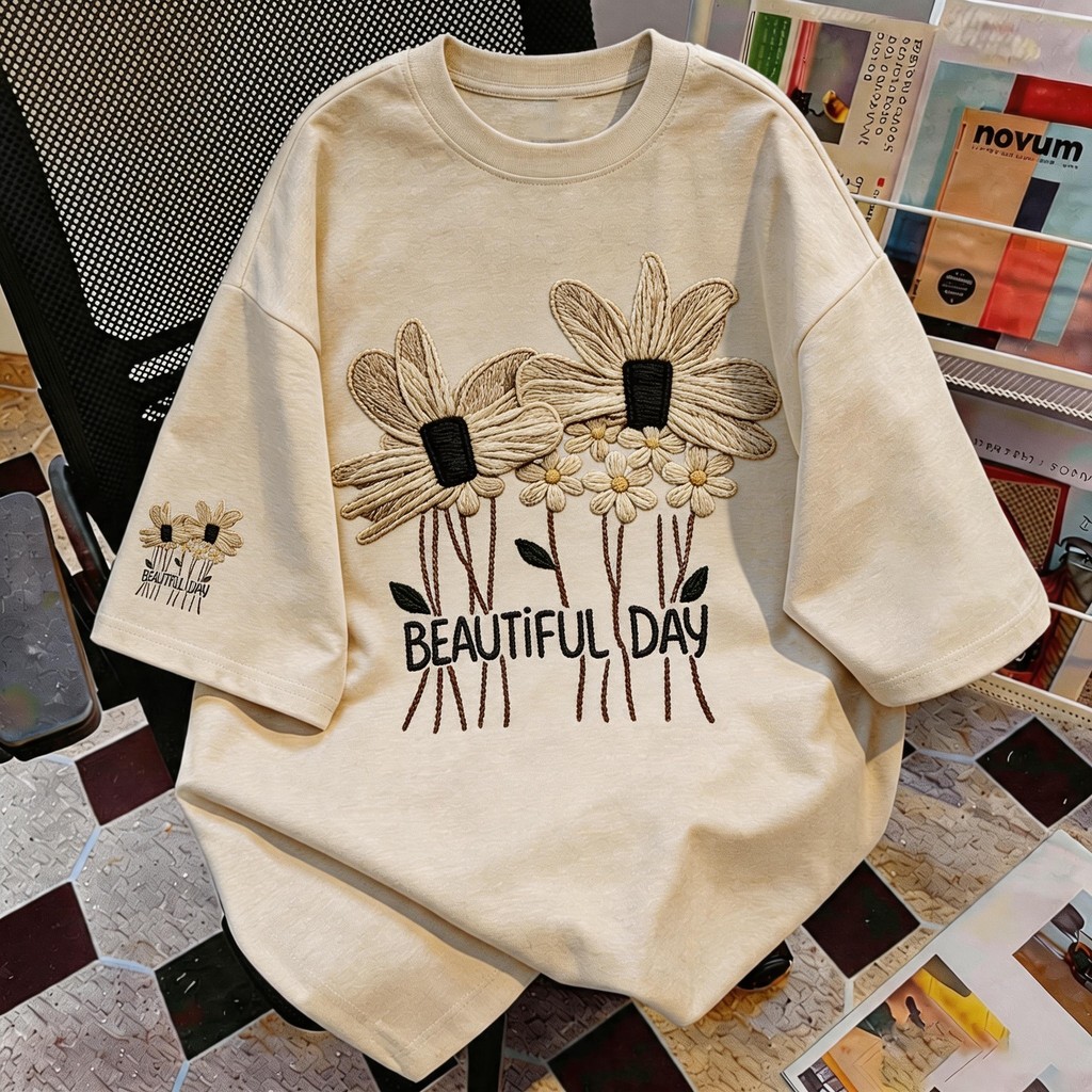 Basi💥เสื้อแฟชั่น เสื้อยืด oversize ผ้าฝ้าย100%  ไม่ต้องรีดผ้า สวมใส่สบาย ผ้านิ่ม  ลาย  "BEAUTIFUL DAY"