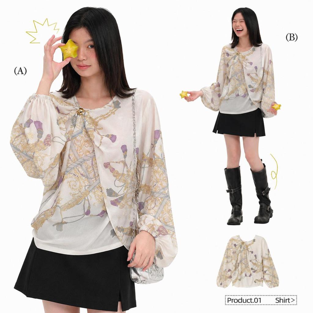 Chili Koko เสื้อแขนพัฟยาวพิมพ์ลายวินเทจหรูหรา คอกลมโบว์กระดุมทองสวยมาก ผ้าชีฟองบางนุ่ม ทรงหลวมใส่สบาย w726