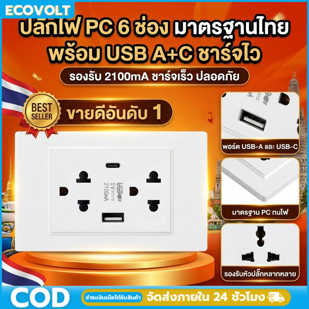 【กทม.พร้อมส่ง】Wall Socket Outlet เต้ารับติดผนัง ปลั๊กไฟ 2 ช่อง + พอร์ต USB Type-C 5V 2.1A สีขาว วัสดุพลาสติกทนไฟ