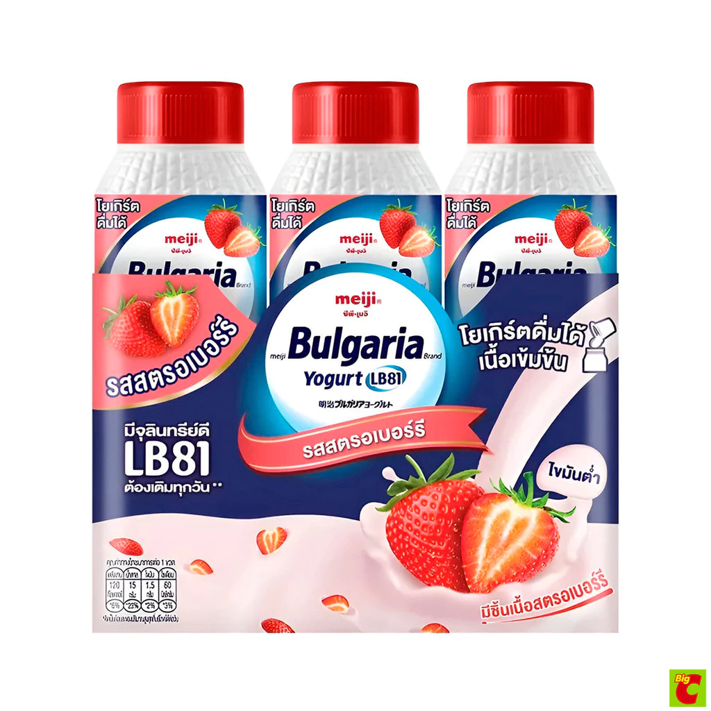 ซีพี-เมจิ บัลแกเรีย โยเกิร์ตพร้อมดื่ม สูตรไขมัน 0% รสสตรอว์เบอร์รี 150 มล. แพ็ค 3
