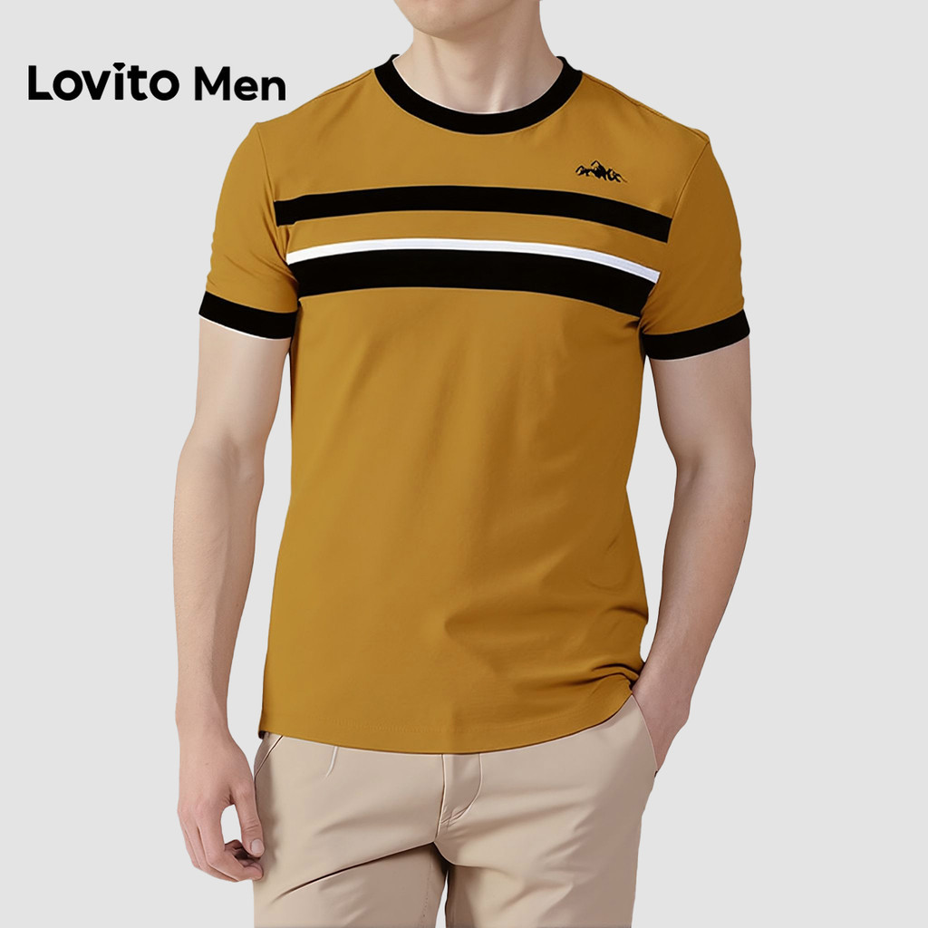 Lovito Men  เสื้อโปโลลําลองสําหรับผู้ชาย ลายแจ็คการ์ด สําหรับฤดูใบไม้ผลิ/ฤดูร้อน สีคากิ LNE138164