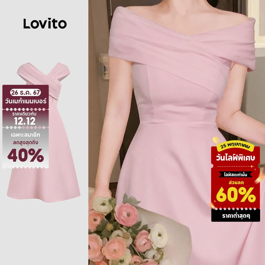 Lovito เดรสสวยหรู ทรงไม่สมมาตร ไหล่เดียว จีบระบาย สีชมพู สำหรับผู้หญิง เหมาะสำหรับฤดูใบไม้ผลิ/ฤดูร้อน L155ED217
