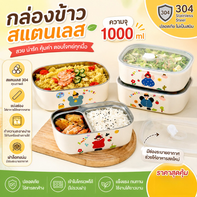 COD กล่องข้าวสแตนเลสลายการ์ตูน เก็บความร้อนดี กันรั่ว พกพาสะดวก เหมาะสำหรับนักเรียนและคนทำงานออฟฟิศ