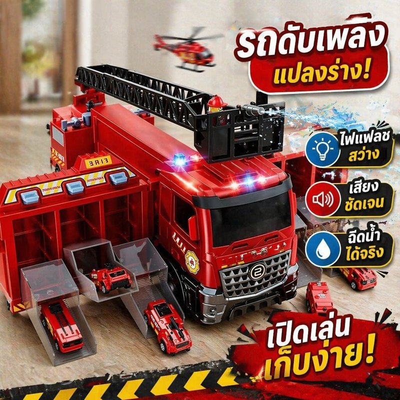 รถดับเพลิงของเล่น ฉีดน้ำได้ มีไฟเสียงไซเรน บันไดหมุน360องศา พลาสติกคุณภาพสูง สำหรับเด็ก