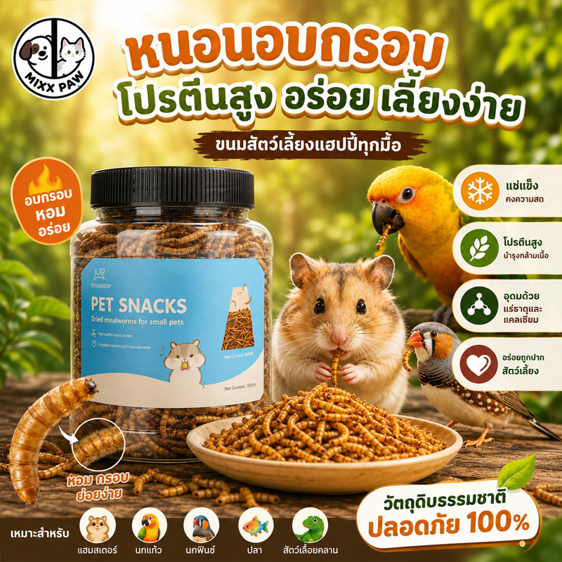 หนอนอบแห้ง แฮมเตอร์ หนอนอาหาร อาหารชูก้า โปรตีนสูงคุณภาพสูง ดูดซึมสารอาหารได้ดี อาหารหนูแฮมเตอร์
