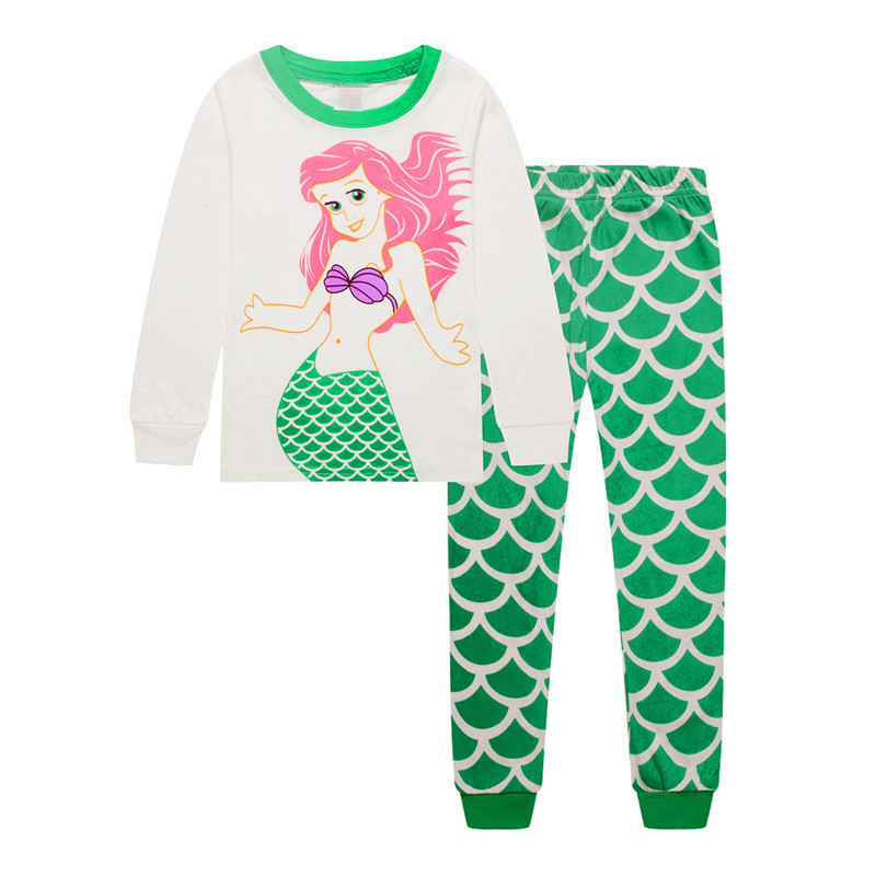 การ์ตูน Elsa Mermaid พิมพ์เด็กสาวแขนยาวชุดนอน 2 ชิ้นลูกเรือคอชุดนอนชุด Casual Homewear Pjs