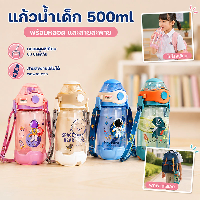 COD ขวดน้ำเด็กไปโรงเรียน แก้วใส่น้ำ 500ml แก้วน้ำกับหลอด พร้อมสายสะพาย ขวดน้ำ ลายการ์ตูน