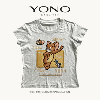 (พร้อมส่ง24ชม.) baby tee สีครีม ลายการ์ตูนแมวหนูวินเทจ ทรงเข้ารูป สไตล์อเมริกันน่ารัก ใส่สบายแมตช์ง่าย
