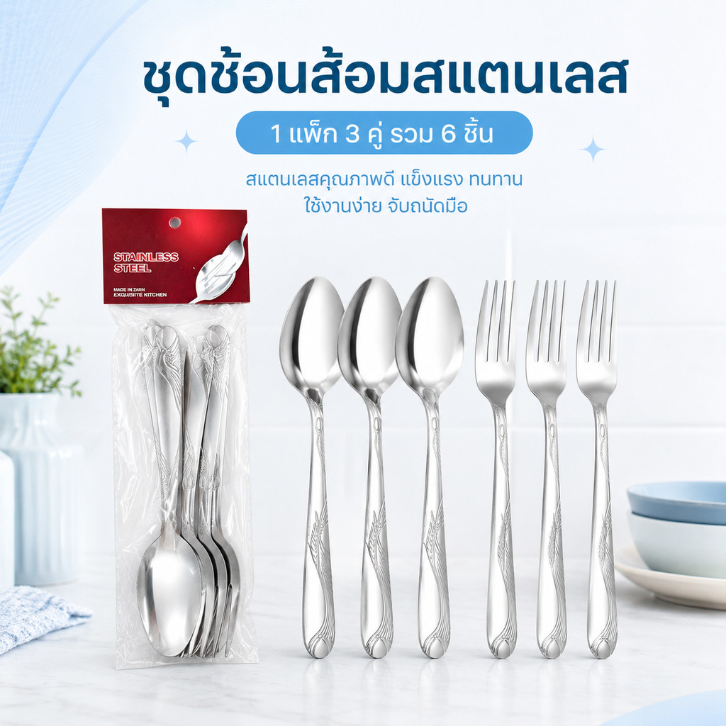ส่งยกโหล ช้อนส้อมสแตนเลส 12 แพ็ค (1 แพ็ค 6 ชิ้น=3 คู่) คุณภาพดี ใช้คงทน เหมาะสำหรับร้านอาหารและครัวเรือน