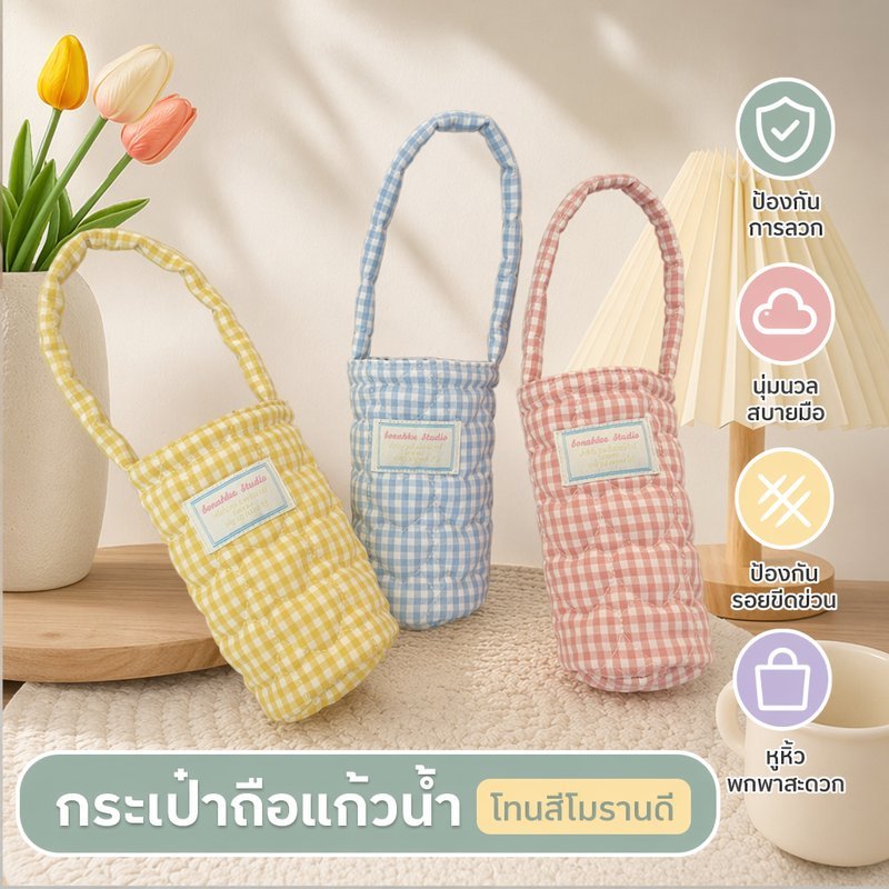 กระเป๋าใส่แก้วน้ำ ถุงใส่ขวดน้ำ กันร้อน กันเย็น พกพา สายคล้อง นุ่ม กันรอย ลายหัวใจ