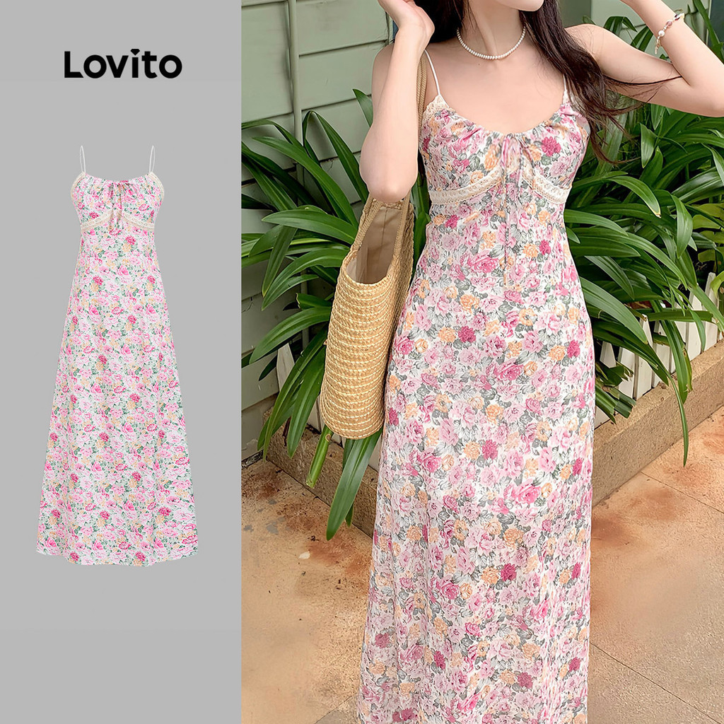 Lovito ชุดเดรสลำลองสำหรับวันสงกรานต์ เดรสผูกเชือกสำหรับฤดูใบไม้ผลิ/ฤดูร้อนสำหรับผู้หญิง L179AD034