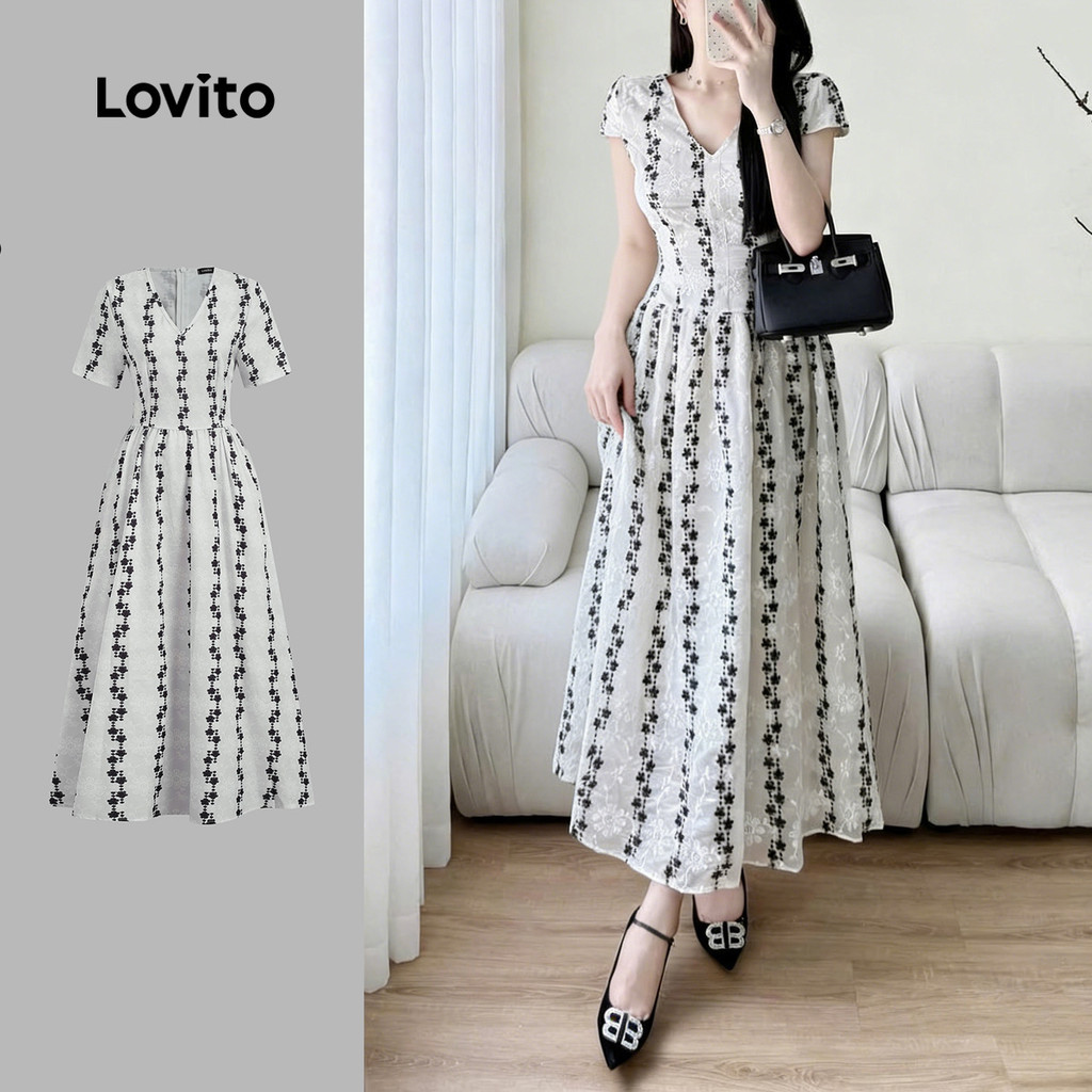 Lovito Elegant เดรสลายดอกไม้ เดรสสวยสบาย สไตล์ฤดูใบไม้ผลิ/ฤดูร้อน สําหรับผู้หญิง LK3ED1861