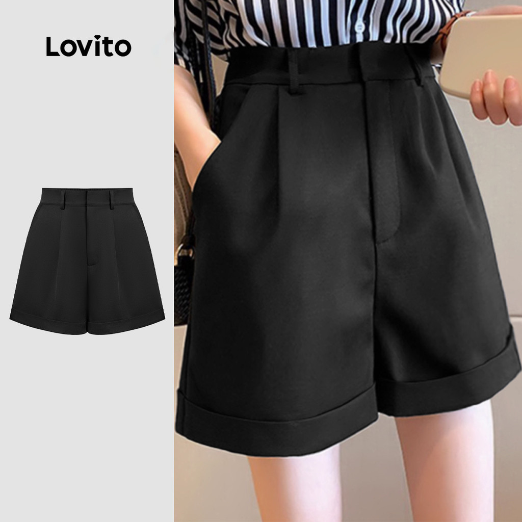 Lovito สง่างาม กางเกงขาสั้น อัดพลีท สีพื้น สไตล์ สำหรับผู้หญิง L177AD709