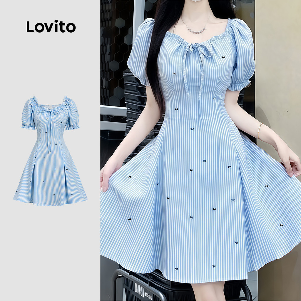 Lovito เดรสผู้หญิงสีฟ้าอ่อนลายจุด เดรสฤดูร้อน/ฤดูร้อน ขอบหยักผักกาดหอม ใส่สบายแต่มีสไตล์ L178ED1532