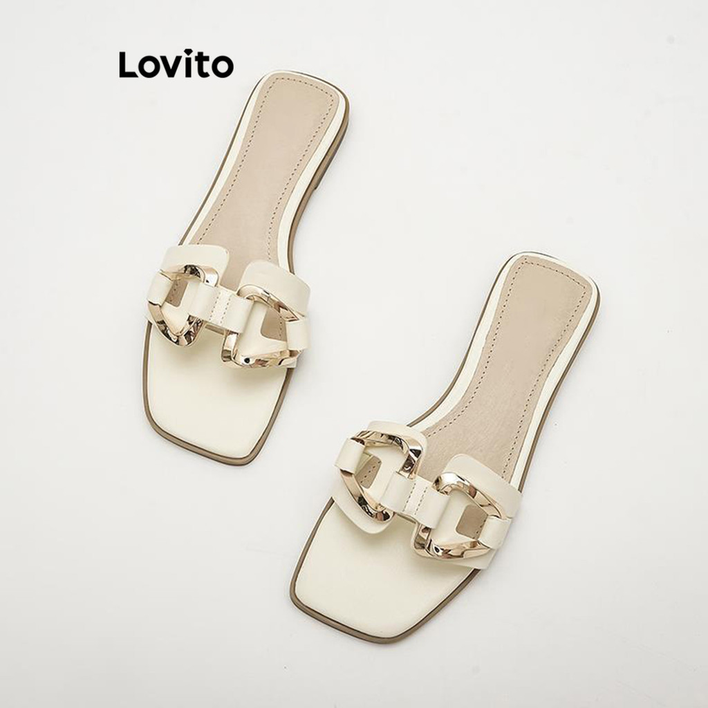 Lovito x Poppy รองเท้าแตะผู้หญิง ส้นแบน แต่งโลหะ สีพื้น สไตล์ลำลอง LFA45389