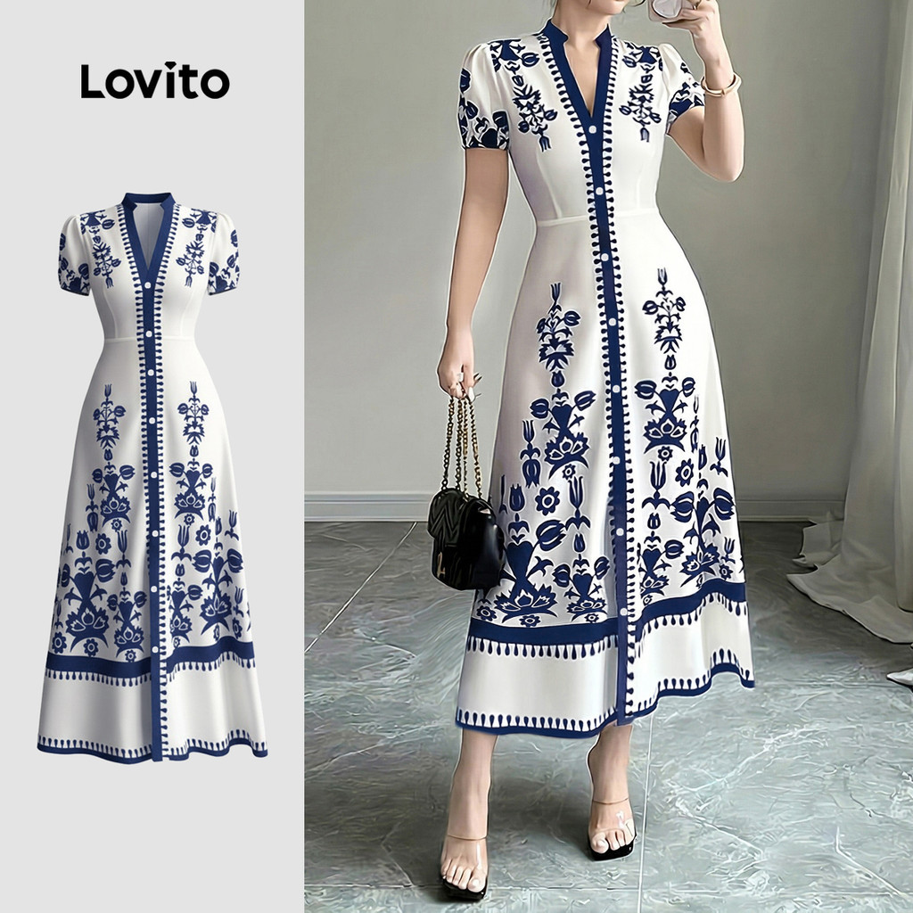 Lovito Elegant เดรสผู้หญิงสไตล์รีสอร์ทฤดูร้อนสีฟ้าขาว LK4LD325