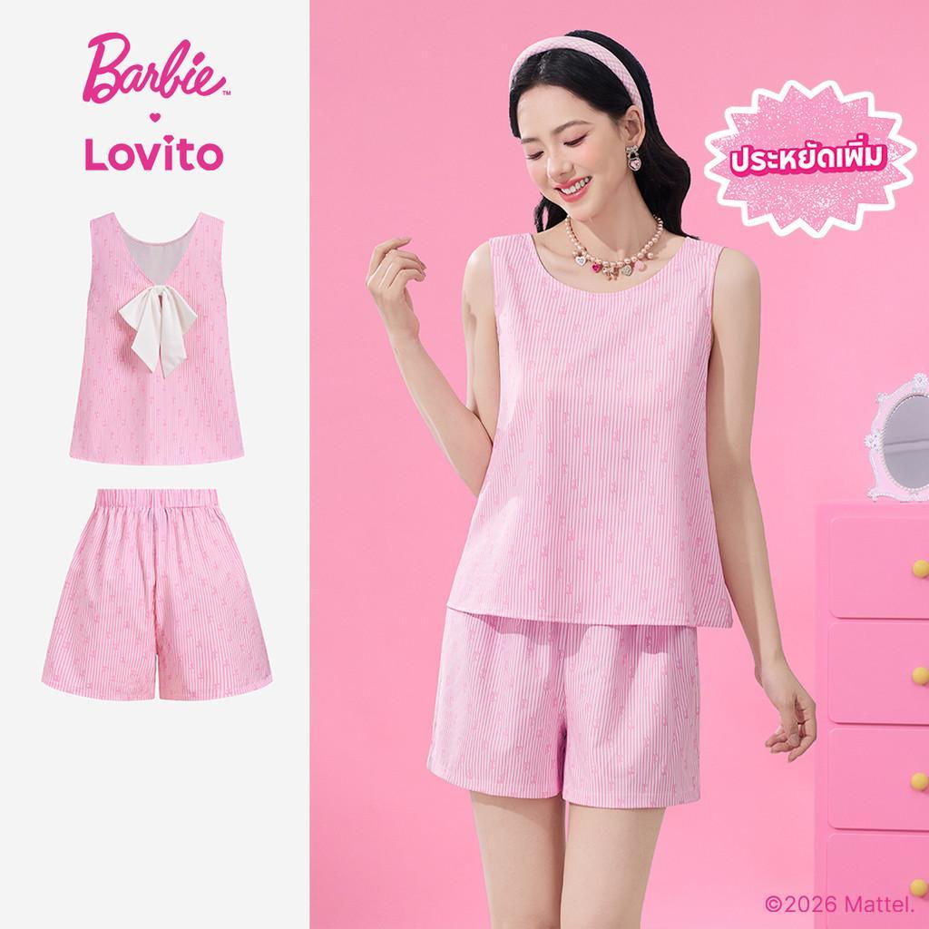 [Summer Sale] Barbie™ X Lovito ชุดนอนลำลองลายดอกไม้หวานๆ สำหรับฤดูใบไม้ผลิ/ฤดูร้อน สีชมพู (เสื้อหรือกางเกง) สำหรับผู้หญิง LB1AD047