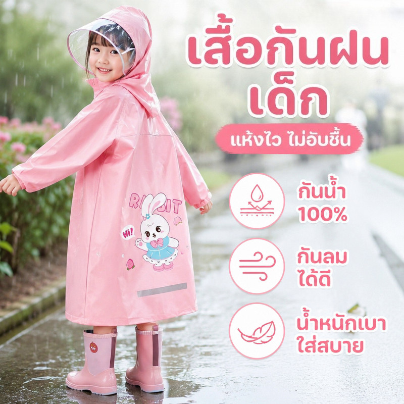 COD เสื้อกันฝนเด็ก เสื้อกันฝนเด็ก EVA นุ่มสบาย สำหรับไปโรงเรียน มีที่วางกระเป๋า ขยายขอบหมวก กระเป๋ากันน้ำ