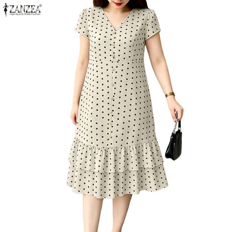 ZANZEA ผู้หญิงเกาหลีฝรั่งเศสหรูหรา V คอแขนสั้นลายจุด Double-Layered Ruffled Hem Dresses