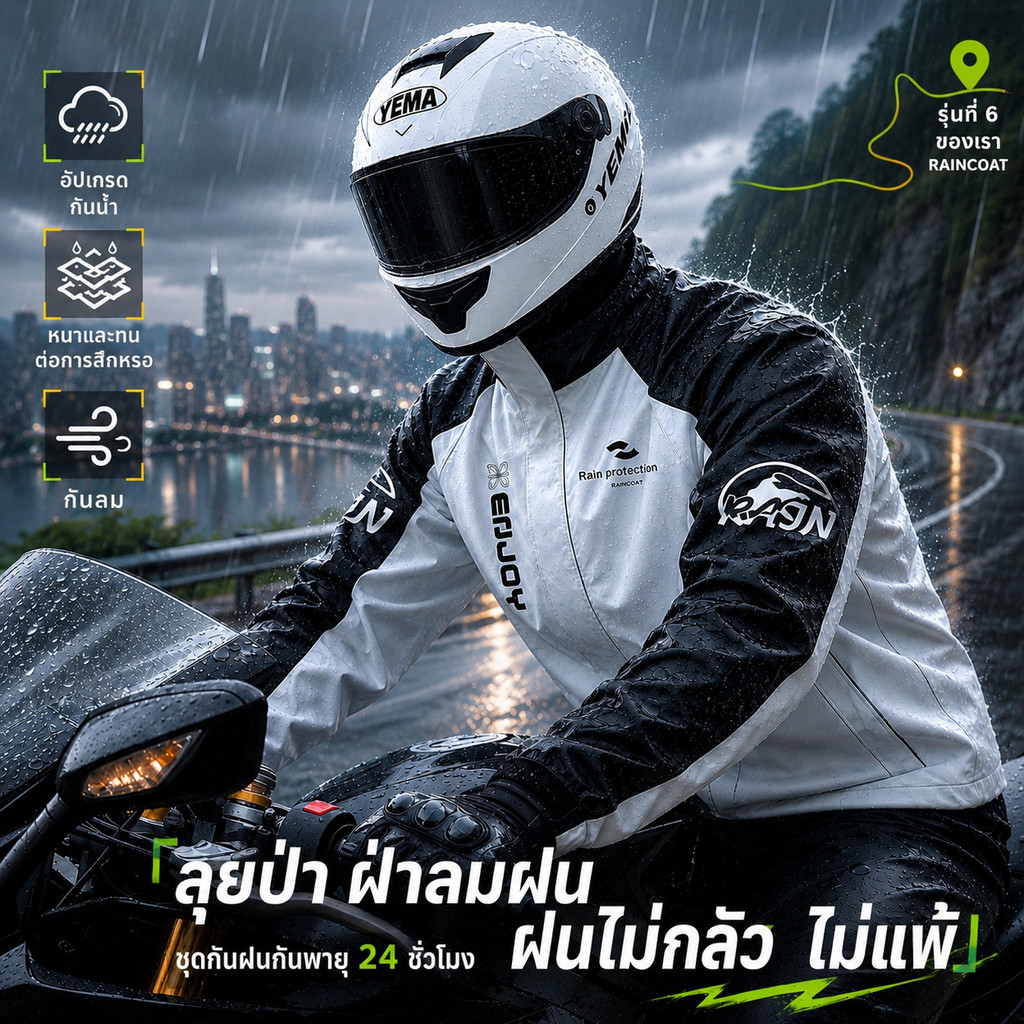 เสื้อกันฝน ชุดกันฝน สไตล์รุ่นใหม่ มอเตอร์ไซค์ มีแถบสะท้อนแสง น้ำหนักเบาพกพาสะดวก กันน้ำ100%