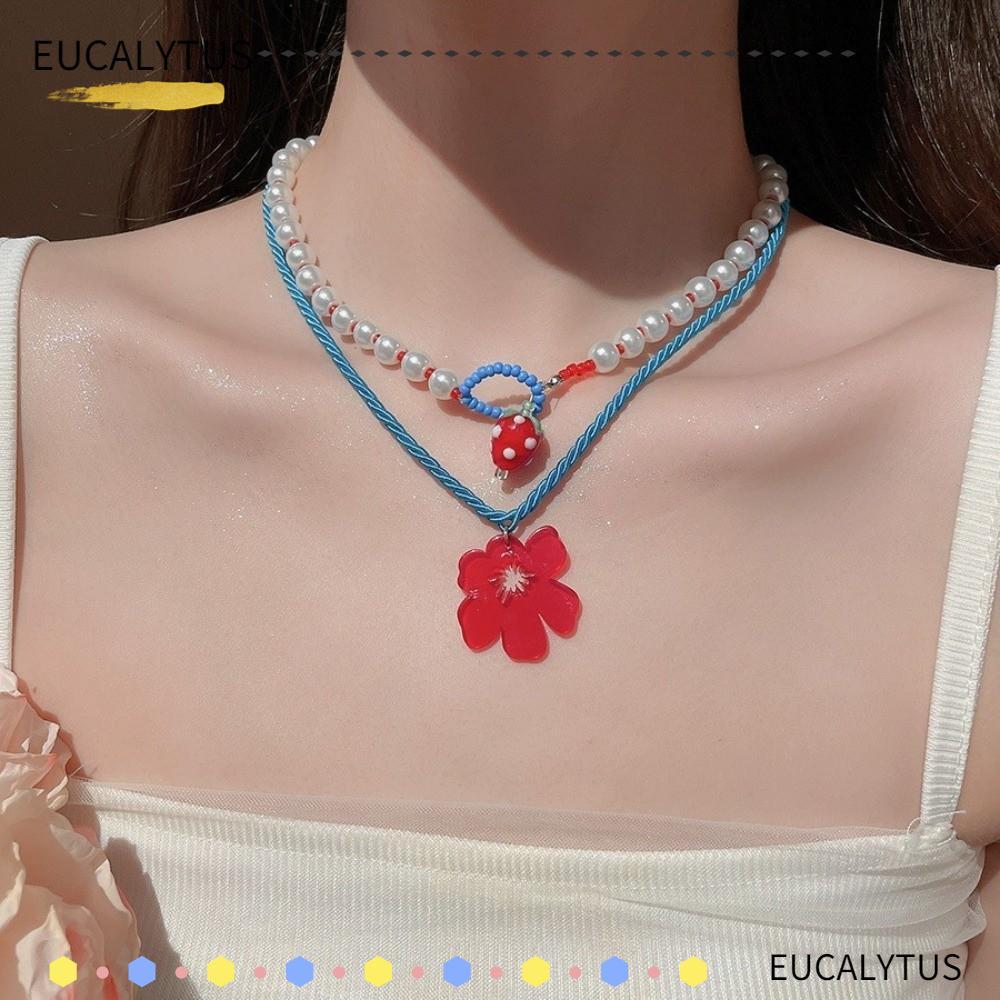 EUCALYTUSTH 2pca สร้อยคอดอกไม้, จี้สตรอเบอร์รี่ สร้อยคอเชือกถักอะคริลิค, หวานชั้นจําลองลูกปัดโซ่ฤดูร
