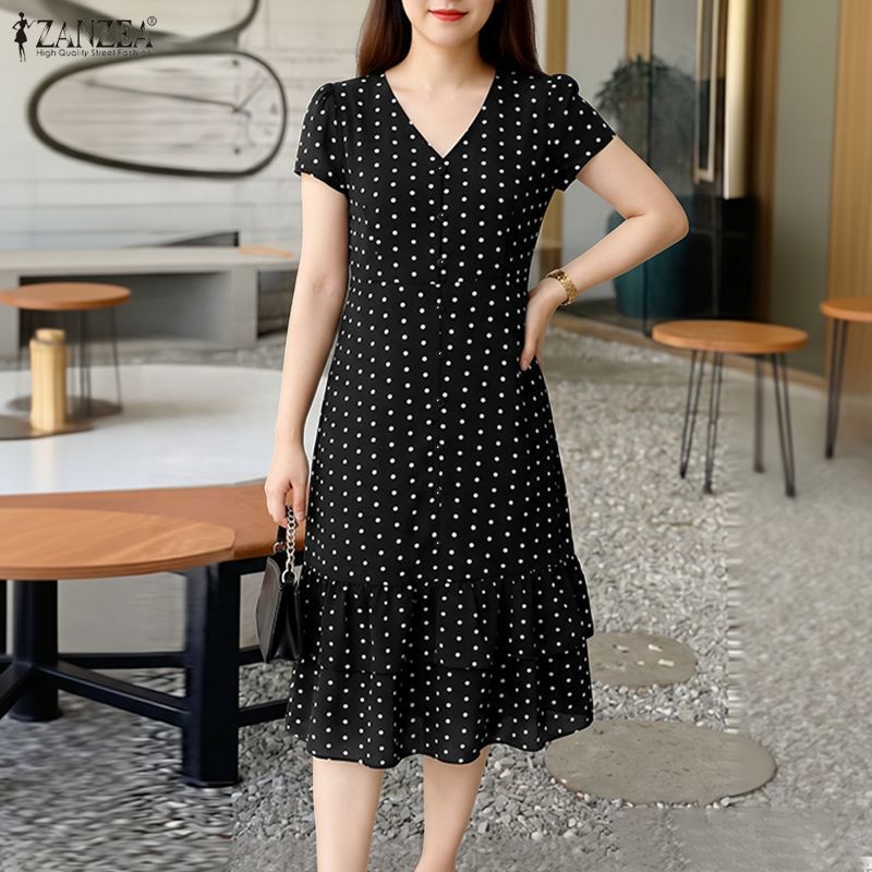 ZANZEA ผู้หญิงเกาหลีหรูหราอ่อนโยน V คอ Raglan แขนลายจุด Double-Layered Ruffled A-Line Dresses — صورة 4