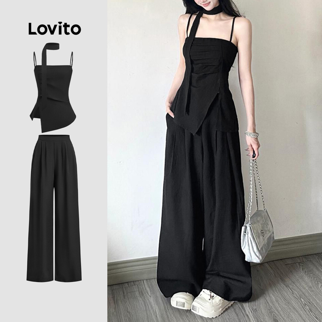 Lovito ชุดกางเกงหรูหรา พร้อมโบว์ ฤดูใบไม้ผลิ/ฤดูร้อน กางเกงสีดำ L142LD229