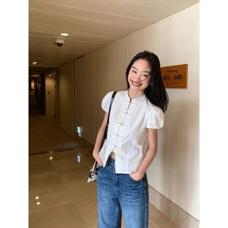 MSMS Mandarin Collar, Puff Sleeve, New Year Blouse เสื้อเชิ้ตผู้หญิงคอจีนดัดแปลง แขนฟอง มีปมผ้า เอวรัดซ่อนรูป ยอดฮิตเทศกาลตรุษจีน ขนาด S-2XL
