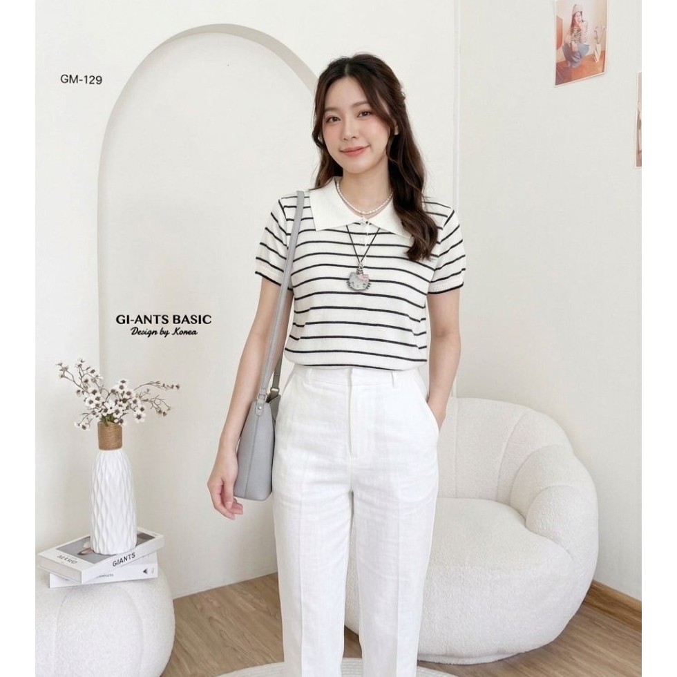 ✨ 𝑲𝒐𝒓𝒆𝒂𝒏 𝑺𝒕𝒚𝒍𝒆! เสื้อคอปกแขนสั้น ผ้าริ้วไหมพรมทรงเกาหลีสุดละมุน