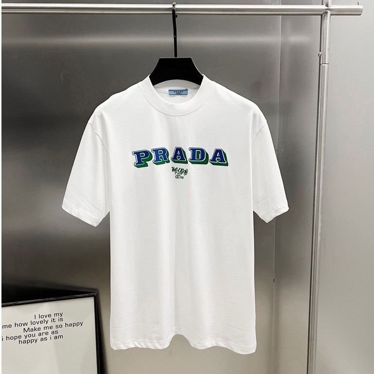 Prada/Prada 2026 คลาสสิกรอบคอแขนสั้นเสื้อยืดผู้ชายผู้หญิงสไตล์ Raglan แขนที่มีสีสันผ้าฝ้ายแท้ All-Ma