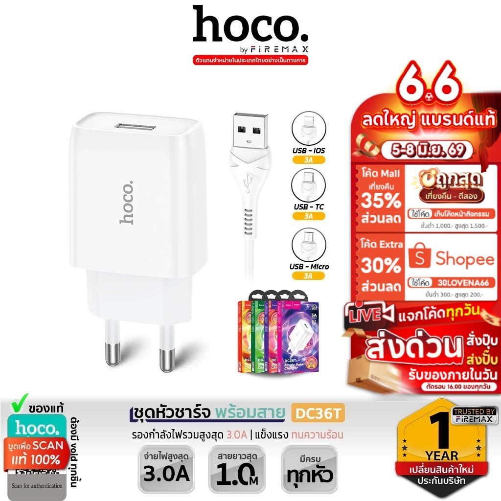 HOCO DC36T หัวชาร์จ 1 พอร์ต จ่ายไฟเต็ม 3A มีแผงวงจรอัจฉริยะ กันกระแสไฟเกิน สำหรับ iOS / Android hc2