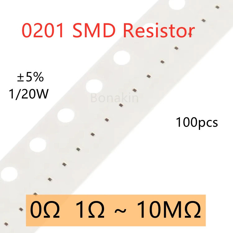 100pcs 0201 5% SMD Resistor 0R 1R 2Ω 3.3 โอห์ม 5.1R 10R 20R 33R 51R 100R 150R 200R 240R 510R 1K 2K 4