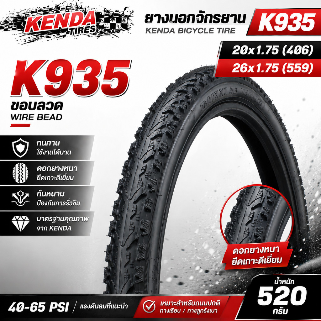 ยางนอกจักรยาน KENDA bicycle tire K935 ขอบลวด 20X1.75 26x1.75