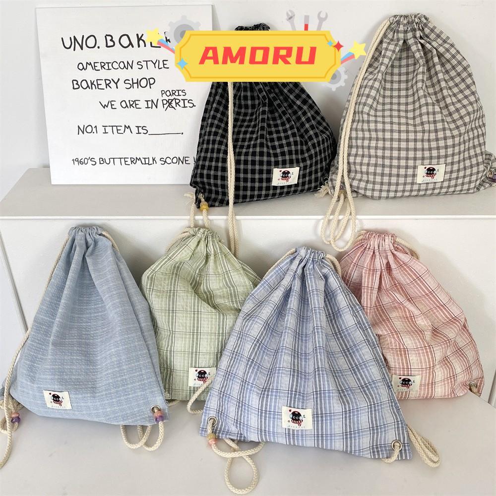 AMOR12U7 Drawstring Bag, Vintage Casual Harajuku Plaid Backpack, Simple Design Korean Style Y2k Aest