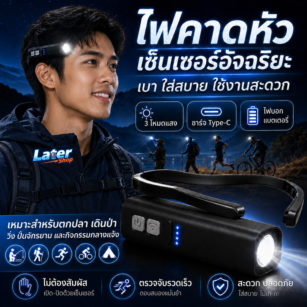 ไฟหน้าแบบหนีบหูเซ็นเซอร์ไฟหน้า LED สว่างไฟหน้าแบบชาร์จไฟได้กันน้ำไฟฉายคาดศีรษะสำหรับตกปลาเดินป่าวิ่งขี่จักรยานกลางแจ้ง