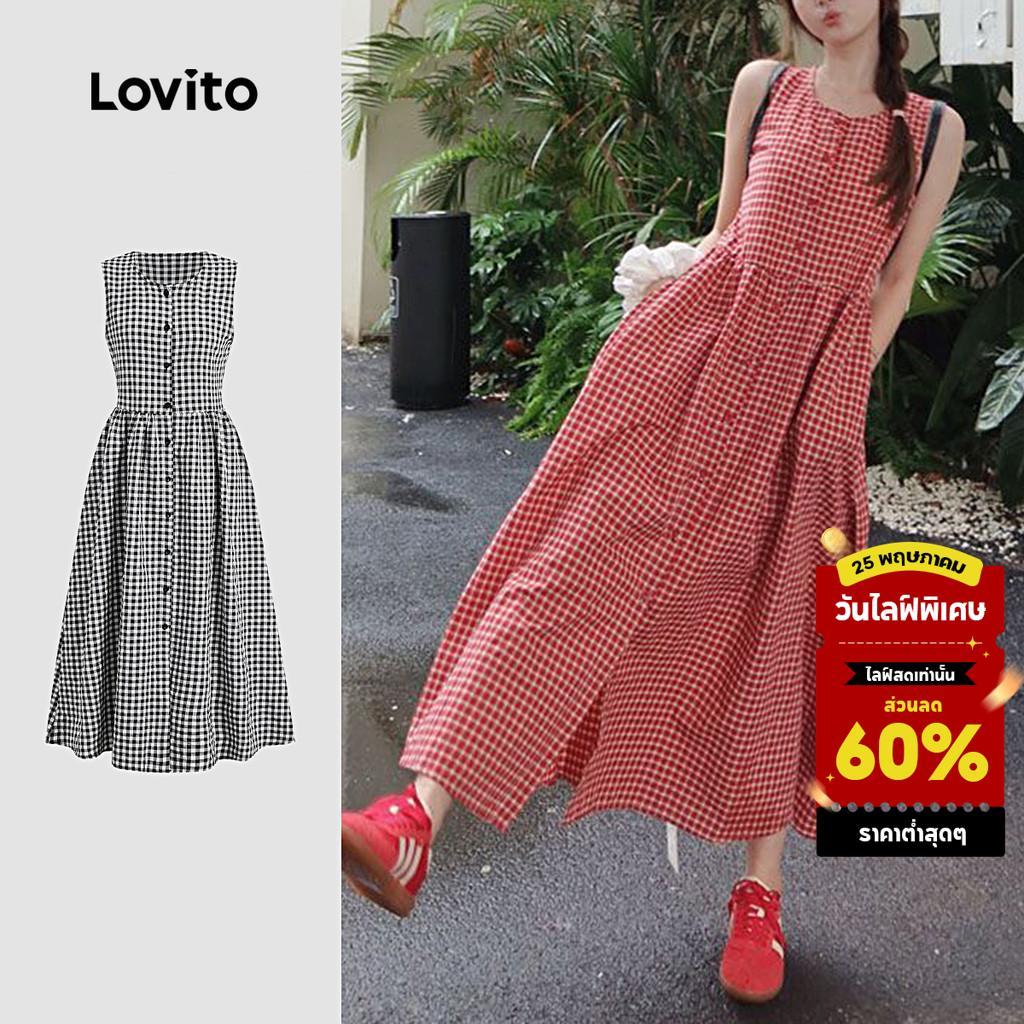 Lovito เดรสลายสก็อตสีสันสดใสติดกระดุมสุดหรูสำหรับผู้หญิง LNE77572