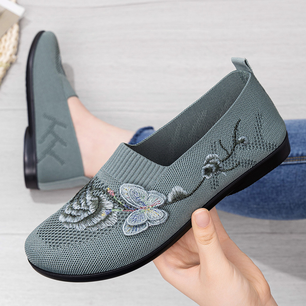 รองเท้าผู้หญิงฤดูใบไม้ผลิสไตล์ใหม่ปักบินถัก One-Pedal Casual Soft-Soled รองเท้าแม่ตาข่ายระบายอากาศรองเท้าผู้หญิง Jin Shiyuan