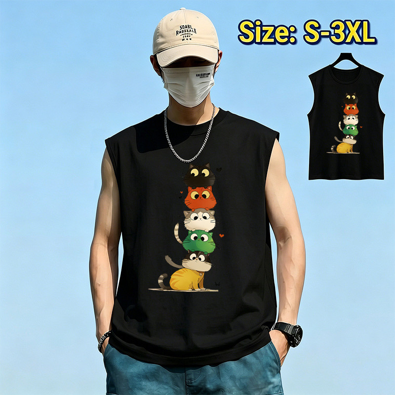 Sea.Tee แขนกุด Oversize ผ้าคอตตอน 100%  "Stack up cat" เสื้อกีฬา แฟชั่น สบายนุ่ม ไซส์ S-3XL