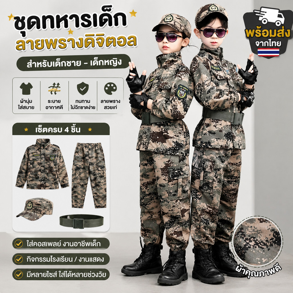 🔥พร้อมส่งจากไทย🔥 ชุดทหารเด็กชายหญิง ลายพรางดิจิตอล เสื้อ+กางเกงขายาว ใส่คอสเพลย์ งานอาชีพเด็ก พร้อมหมวกสุดเท่ มีหลายไซ