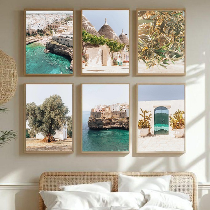 Puglia อิตาลีเมดิเตอร์เรเนียนศิลปะพิมพ์ต้นมะกอกผ้าใบ Wall Art อิตาเลี่ยนฤดูร้อนการถ่ายภาพ Modern Lan