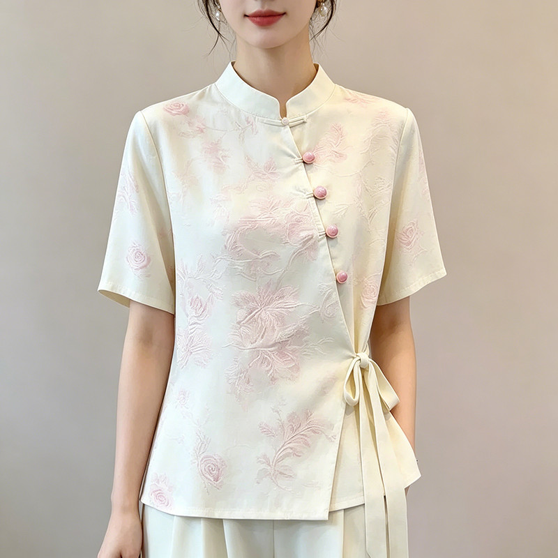 ฤดูร้อนแขนสั้นเสื้อยืดสุภาพสตรีใหม่สไตล์จีน Classy All-Match Top Light สไตล์แห่งชาติ Stand-Up Collar Slimmer ดูเสื้อ