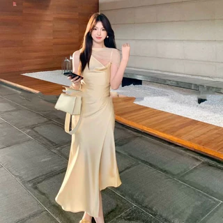 99436 พร้อมส่งไทย เดรสสตรีสไตล์ฝรั่งเศส มีริบบิ้น ผ้าตัดทรงไม่สม่ำเสมอ เดรสสายเดี่ยวทรงเอ ฤดูร้อน รัดเอว มีหลายสี