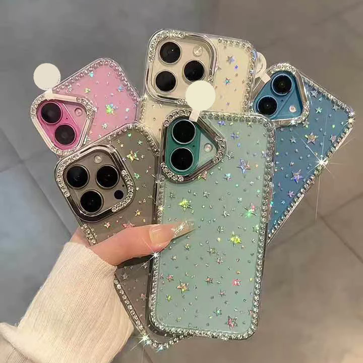 สำหรับ iPhone 14 13 12 17 15 16 11 Pro Max 14 15 16 Plus เคสมือถือลายดาวเต็ม กลิตเตอร์ ขอบประดับคริสตัล
