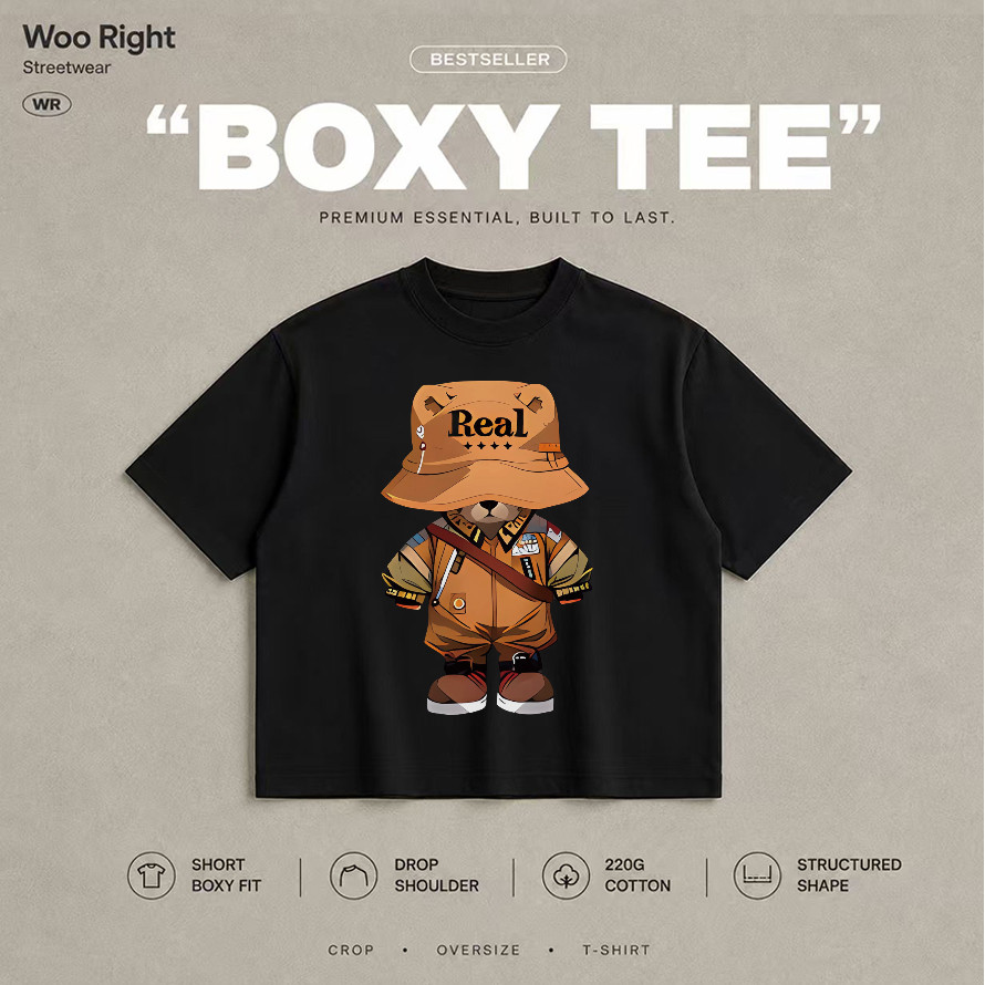 COD จัดส่งตลอด 24 ชั่วโมง Woo Right  Boxy crop tee เสื้อยืดผู้ชายลายRealหมีการ์ตูนสไตล์เกาหลีแฟชั่นส