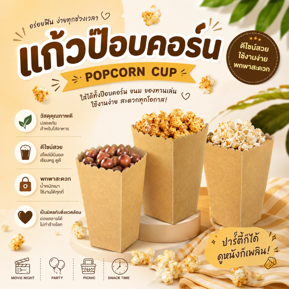 กล่องป๊อปคอร์น แก้วป๊อบคอร์น กล่องกระดาษใส่เกาลัด ป๊อบคอร์น ไก่ป๊อบ ขนม เบเกอรี่ กระดาษคราฟหนาอย่างด