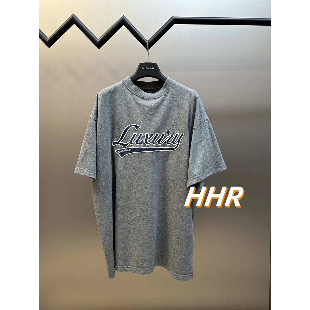 [รุ่นที่ถูกต้อง] Balenc1ag @/Paris Chest Patch Letter ปักโลโก้รอบคอแขนสั้นเสื้อยืดกีฬาลําลอง os หลวม