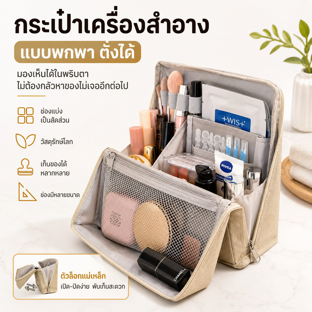 กระเป๋าเครื่องสำอาง ขนาดใหญ่ จุเยอะ แบบพกพา กันน้ำ หนัง PU หลายช่อง หลายสี พร้อมส่ง