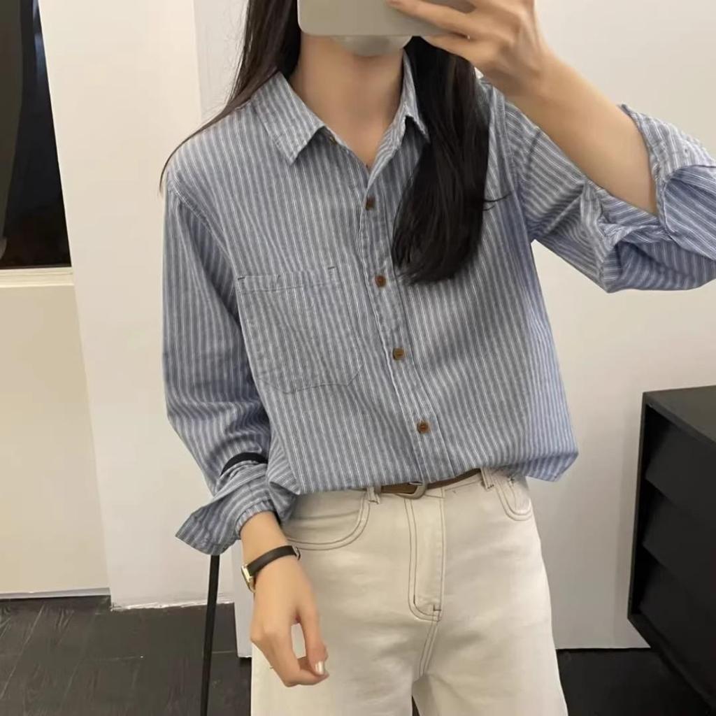 Red Berry เสื้อเชิ้ตลายทางผ้าฝ้าย 100% สไตล์ญี่ปุ่นเรโทร สวมใส่สบาย เหมาะสำหรับฤดูร้อน W716
