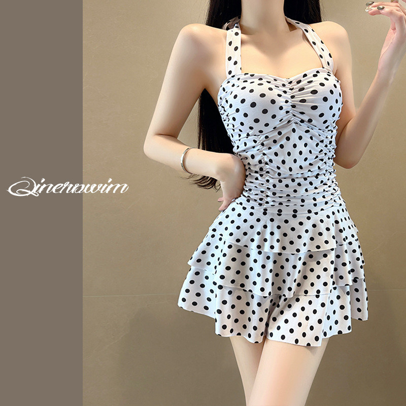 ชุดว่ายน้ําผู้หญิง One Piece Retro Polka Dot Halter กลับสวยหวานกระโปรง Conservative Slimmer ดูฝาครอบ